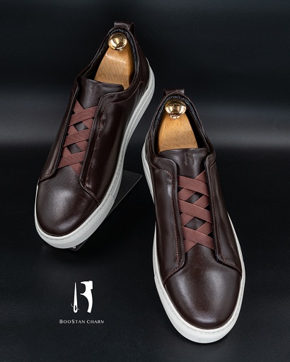  Model 088 – Men's Vans - made of Brown  Polished  Genuine Leather with a White Rubber Sole