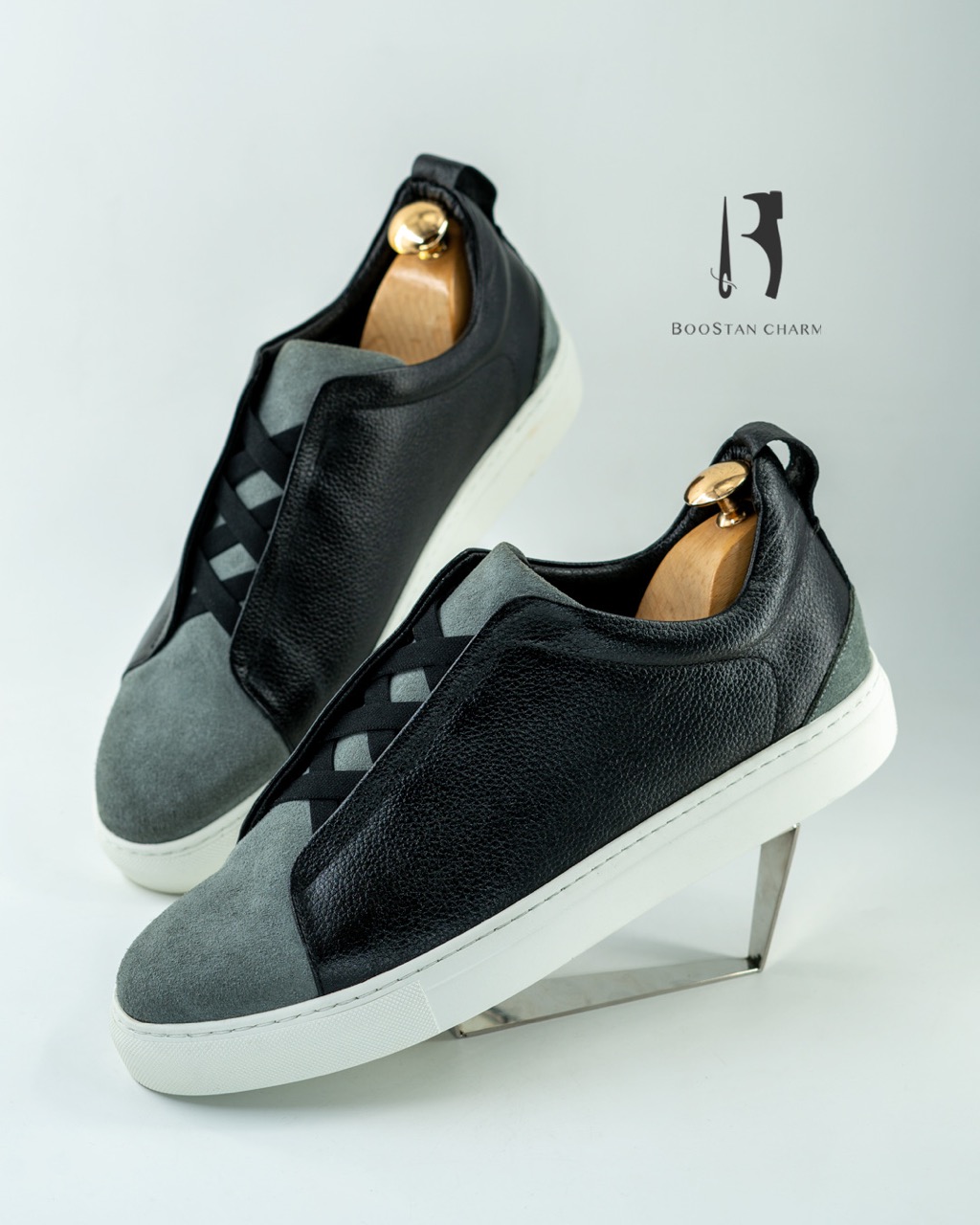  Model 088 – Men's Vans  - made of split and Floater Genuine Leather, Grey Suede Heel Panel, White Rubber Sole
