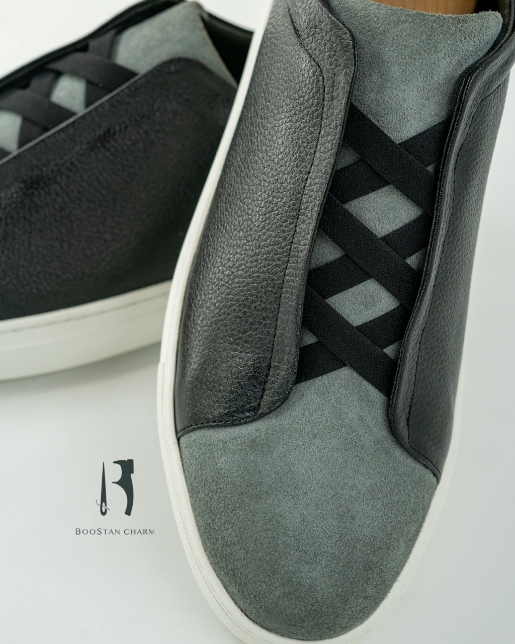  Model 088 – Men's Vans  - made of split and Floater Genuine Leather, Grey Suede Heel Panel, White Rubber Sole