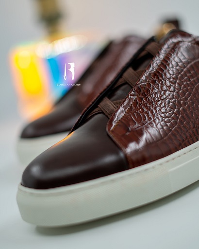 Men's Vans Code: 088 Embroidered Genuine Leather (Croco-print Faux Leather) Brown Color White Rubber Sole